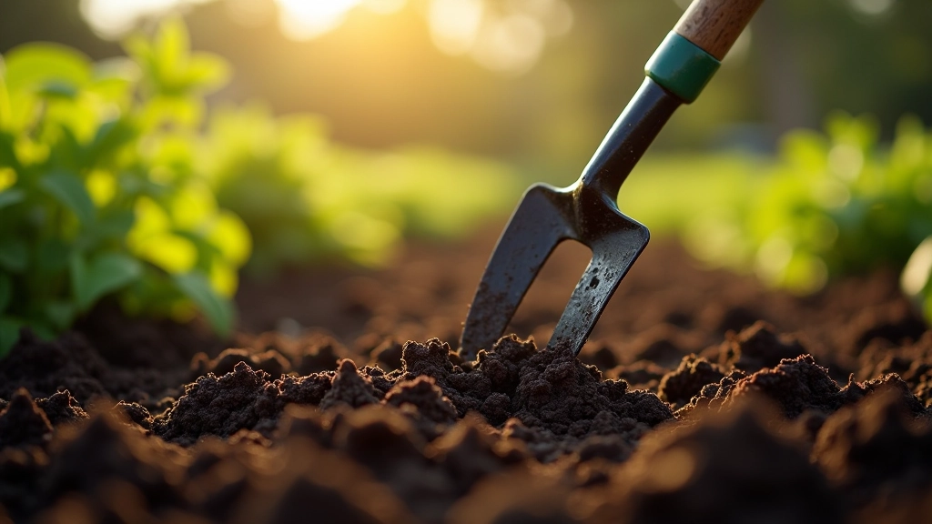 Allotment plot with soil being prepared, garden fork in rich earth, blue sky