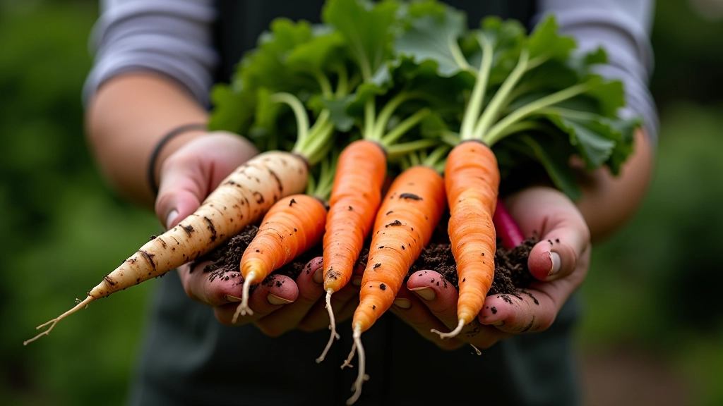 Close-up of freshly harvested carrots, parsnips, and beetroot roots with soil still clinging, vibrant colors