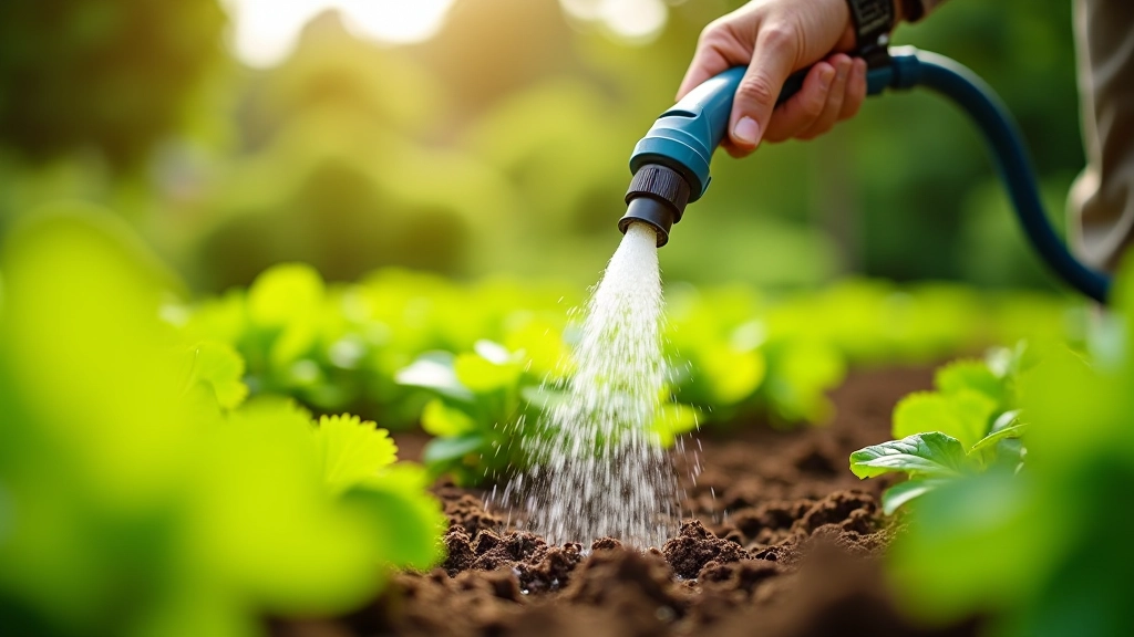 Garden hose watering vegetable plants at soil level in raised bed garden