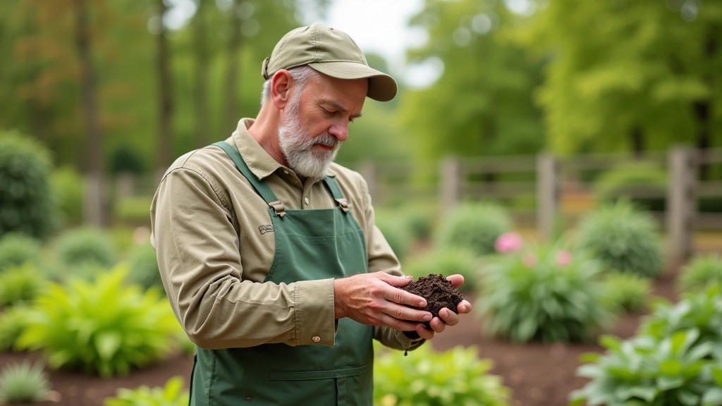 Soil testing kit with color chart and soil samples, gardener examining soil texture in allotment plot