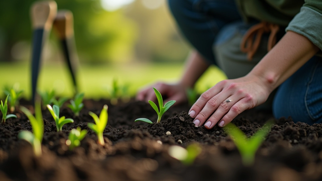 Gardener working in allotment plot during spring season with sprouting plants and garden tools