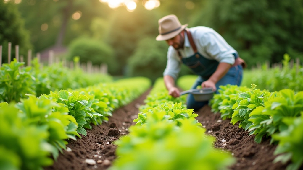 Gardener working in vegetable beds on an allotment