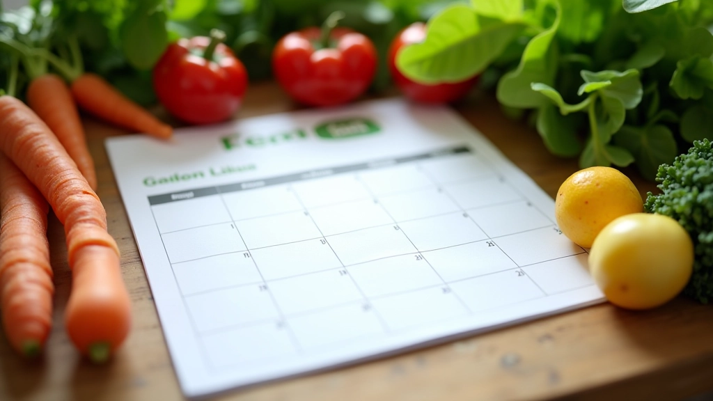 Seasonal planting calendar chart showing vegetables and growing months, organized layout