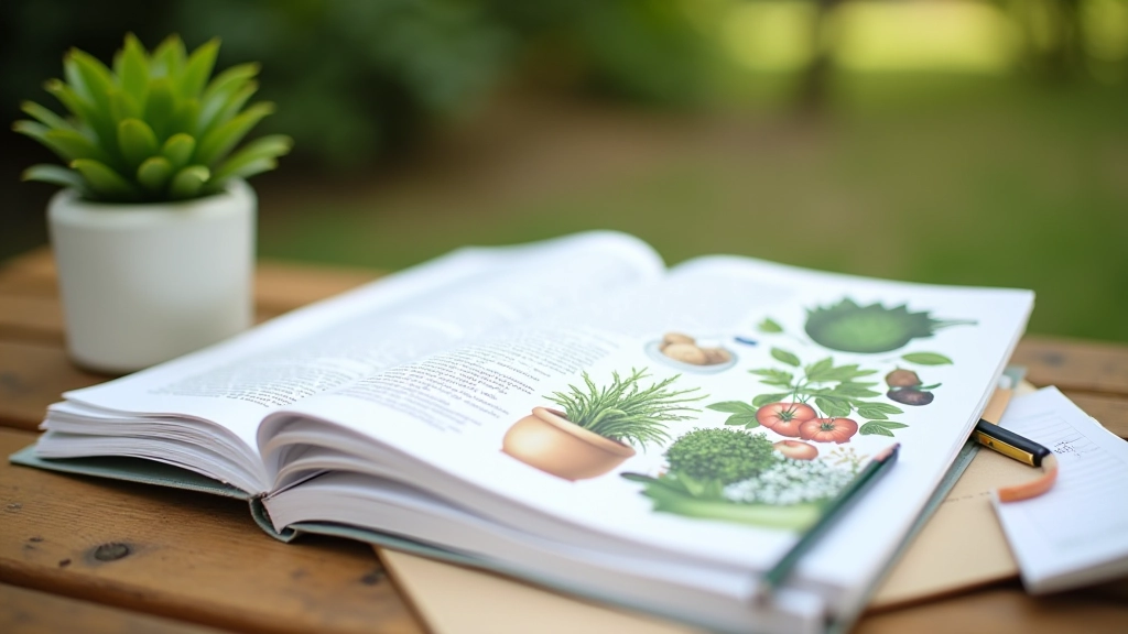 RHS growing guide book open on table with notes, gardening reference materials