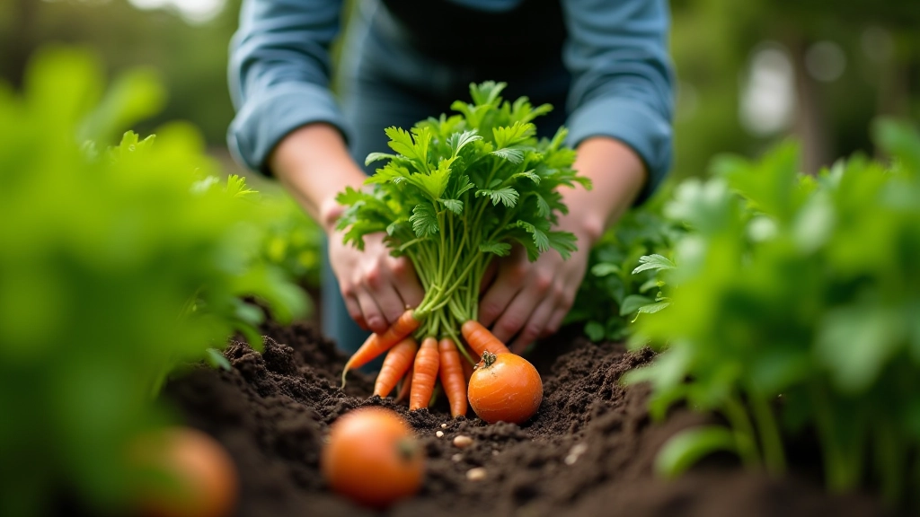 Various British vegetables in garden bed, carrots, potatoes, onions growing
