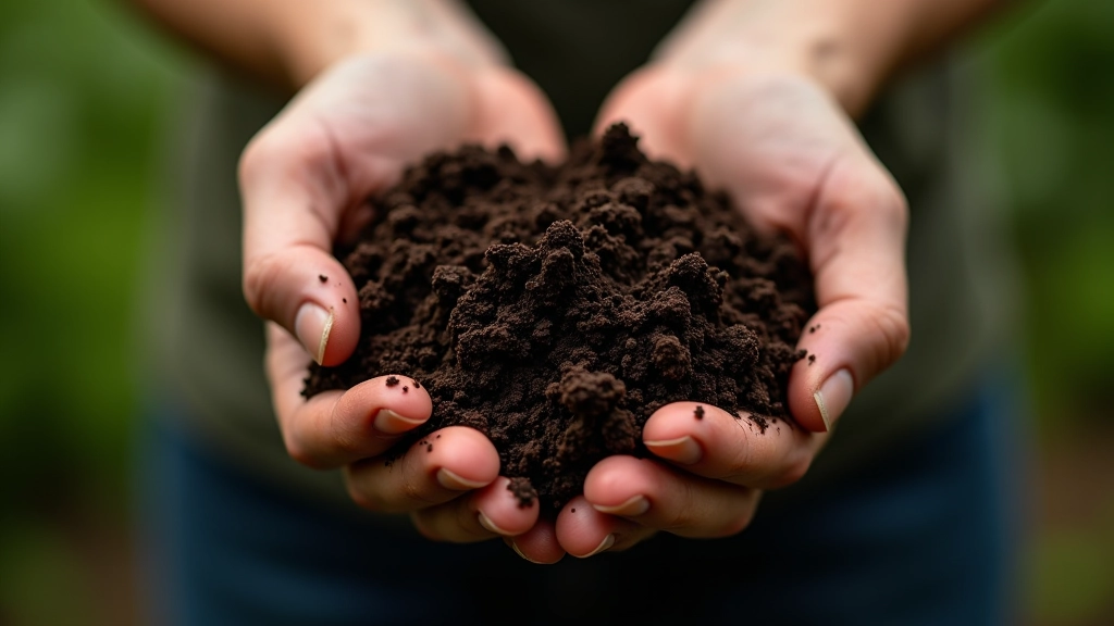 Close-up of dark rich garden soil with compost and organic matter visible