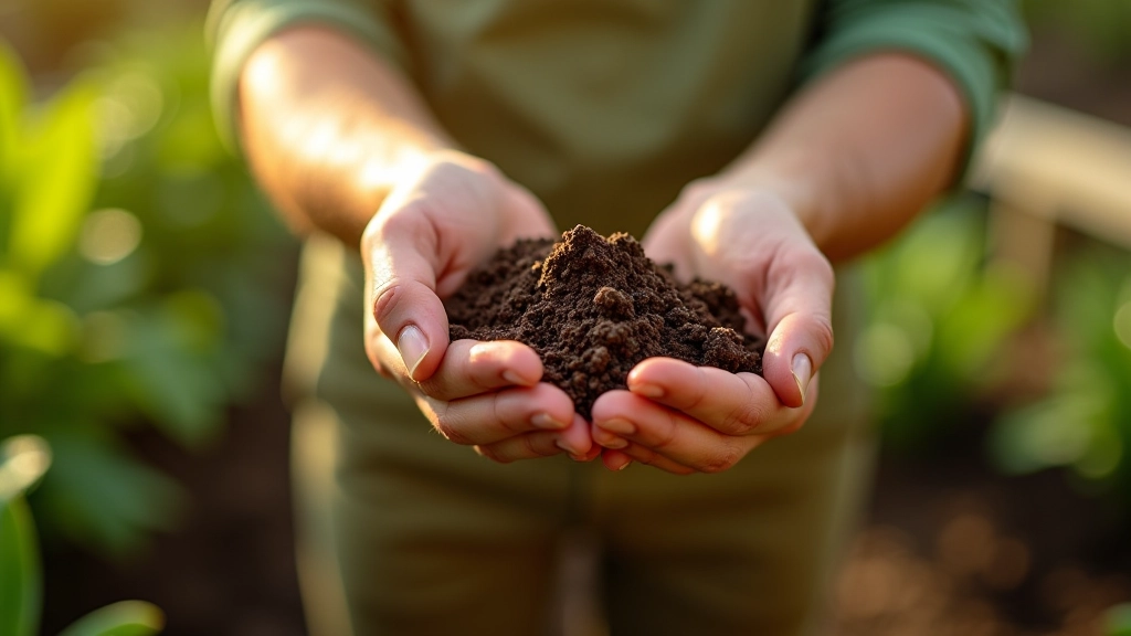 Gardener checking soil with testing kit, hands examining soil sample in sunlight