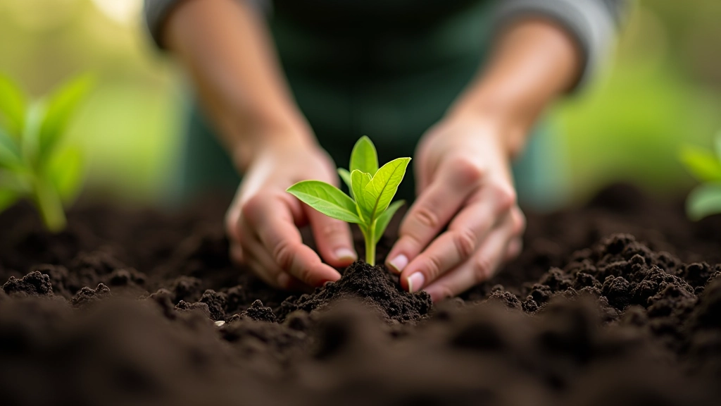 Hands planting seedlings in rich garden soil, spring morning light, outdoor allotment setting