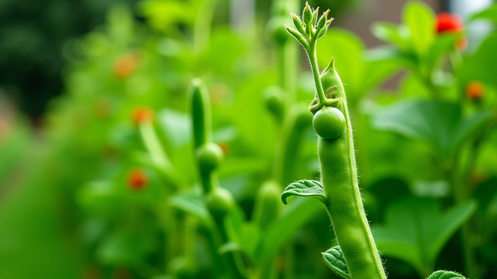 Mixed legume plants including broad beans with pods, peas on trellis, and runner beans with red flowers climbing support