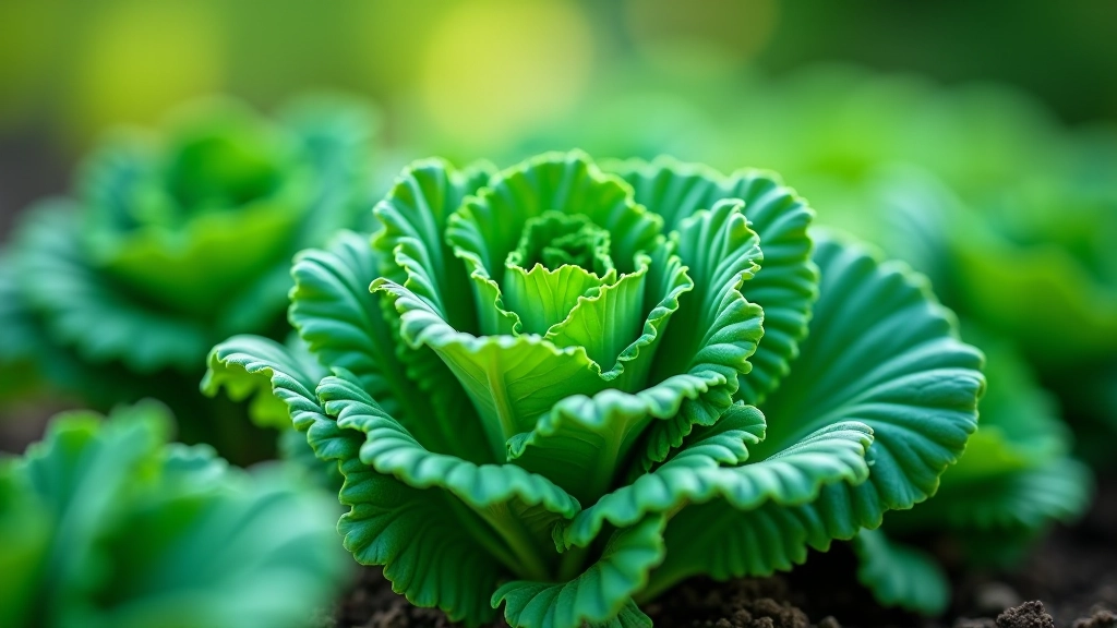 Mature kale plants with deep green crinkled leaves in vegetable garden bed, morning light