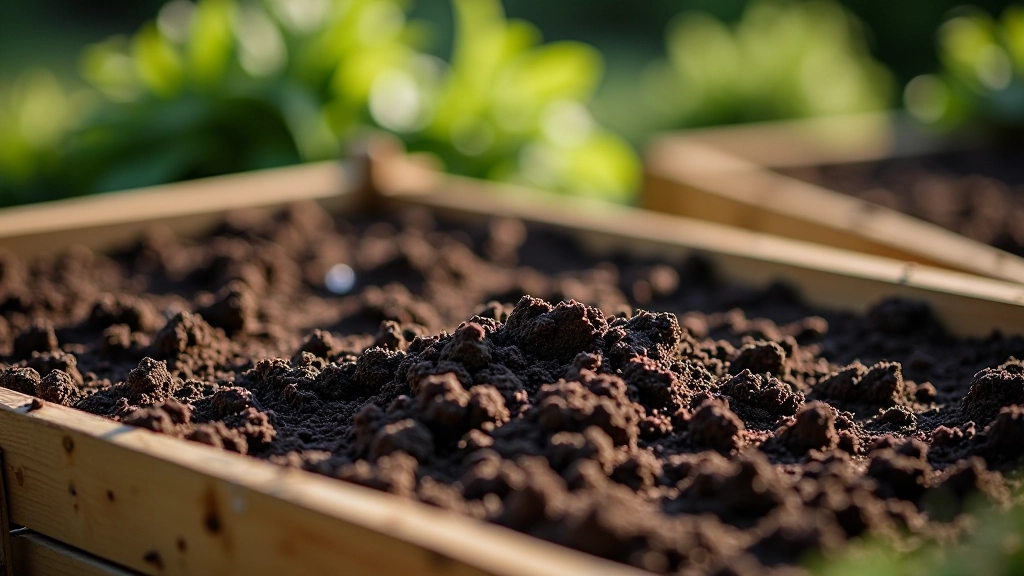 Raised garden beds filled with dark compost and soil, wooden frame construction, ready for planting in spring