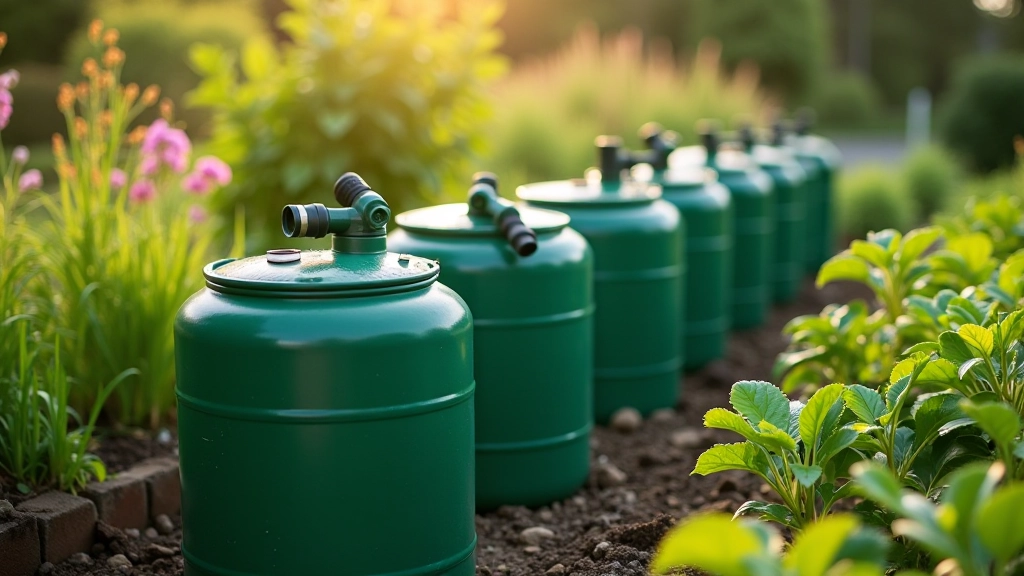 Allotment water system with rain collection butts, green tanks positioned along plot edge, hose connections visible