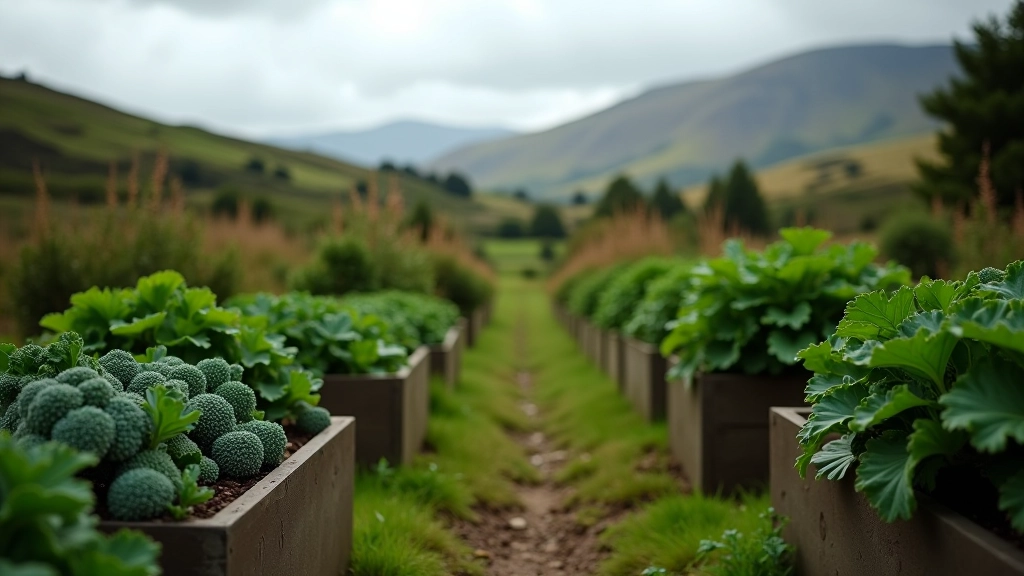 Scottish highland garden with hardy vegetables in raised beds, overcast weather conditions