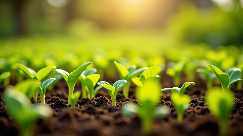 Spring garden beds with newly planted vegetable seedlings and labels, morning light