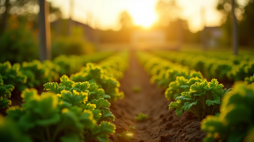 Sunny garden plot with vegetables growing in raised beds, morning light
