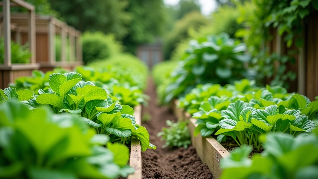 Lush allotment garden with raised beds and growing vegetables in British countryside setting