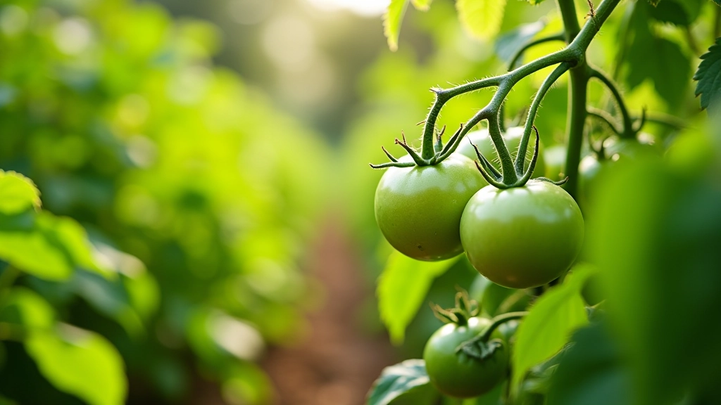 Mature vegetable garden with tomatoes, beans, and leafy greens in full growth