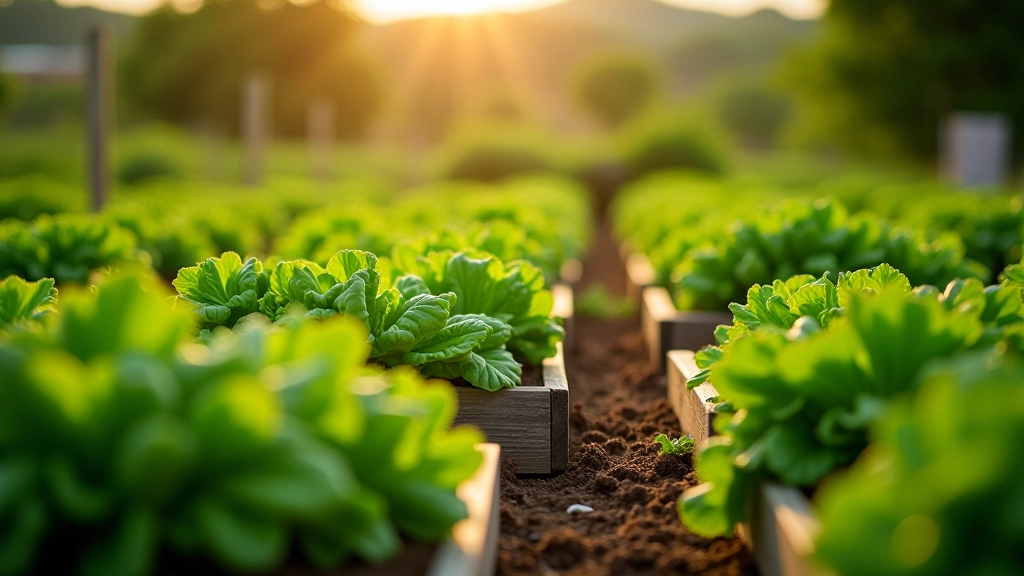 Vegetable garden beds with fresh green plants growing in raised planters, morning sunlight, UK countryside setting