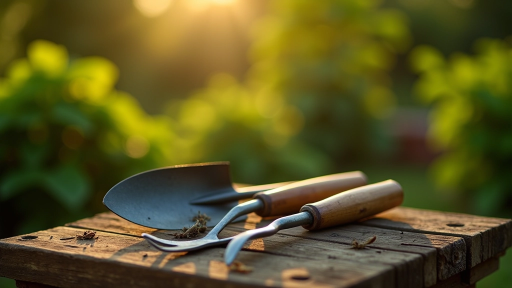 Garden tools arranged on wooden bench - spade, fork, hoe, rake - well-maintained metal and wood handles