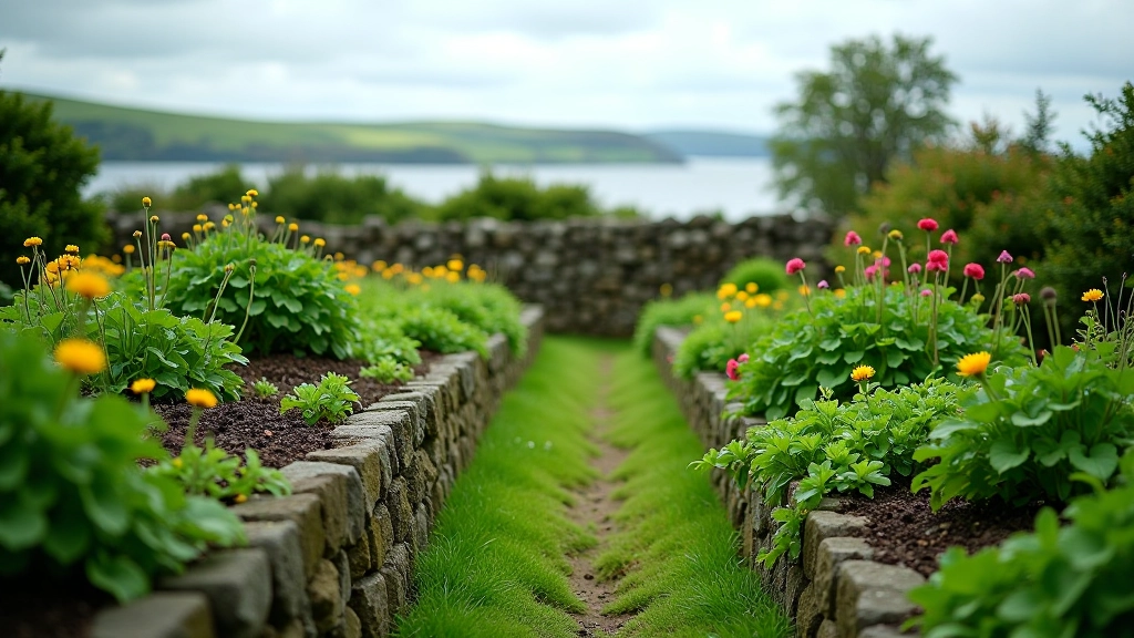 Welsh coastal garden with vegetable patches and stone walls, green hillside backdrop