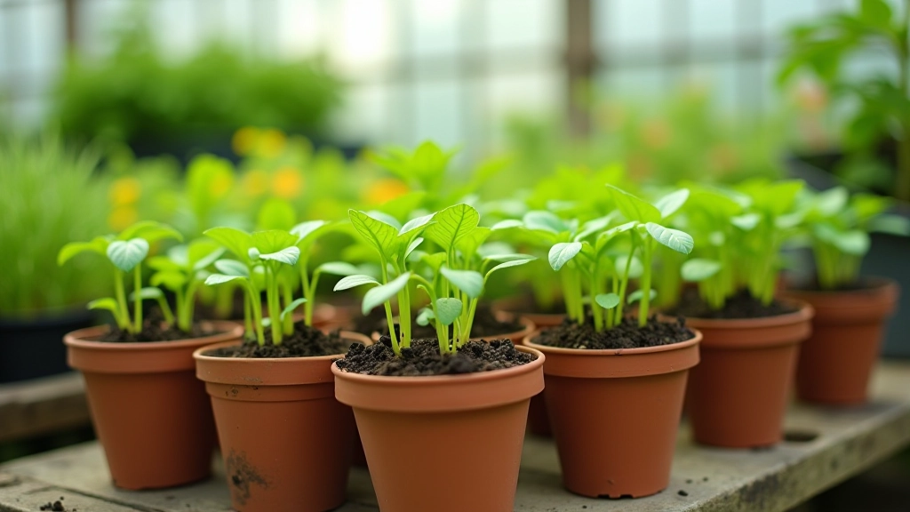 Vegetable seedlings in pots ready for transplanting - potatoes, onion sets, courgette plants on allotment potting bench